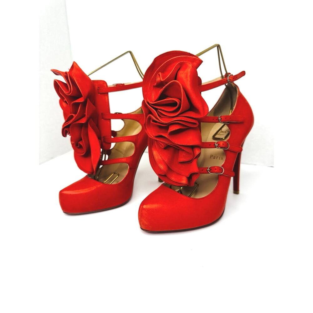 Christian Louboutin Dillian 120 Orange/Red Floral Leather Platform Heels  EU 37